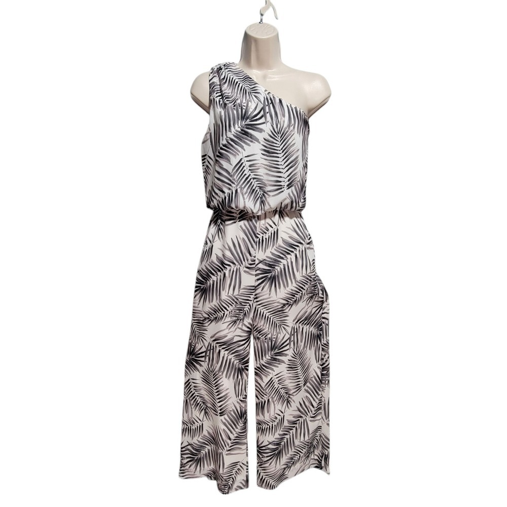 Sam Edelman Size 2 One Shoulder Black White Palm Fern Wide Leg‎ Jumpsuit